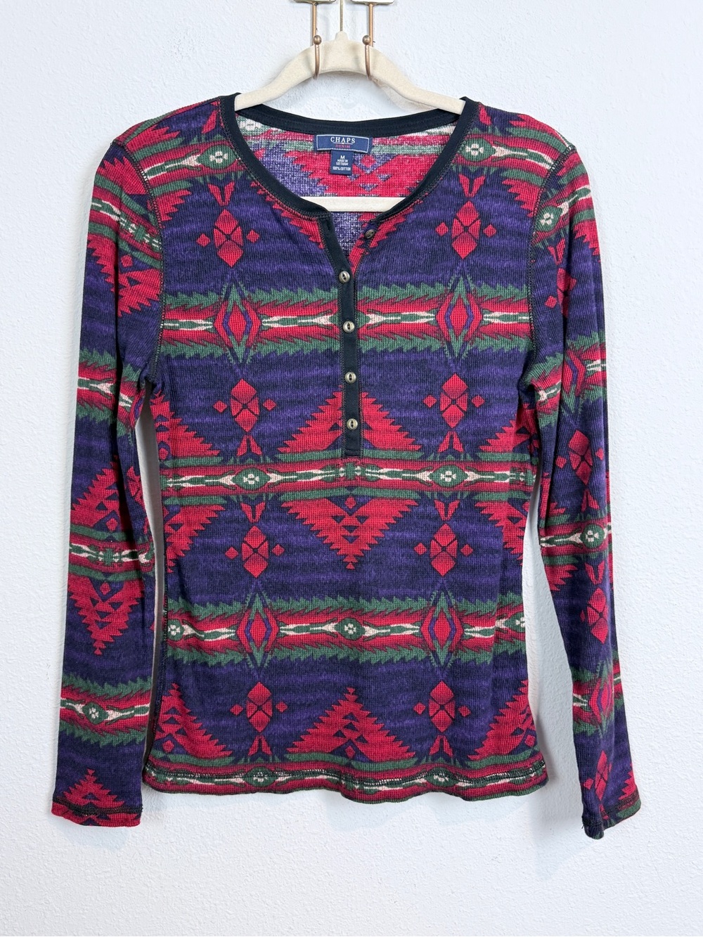 Chaps Southwestern Aztec Red & Purple Waffle Knit Henley Long Sleeve Top M
